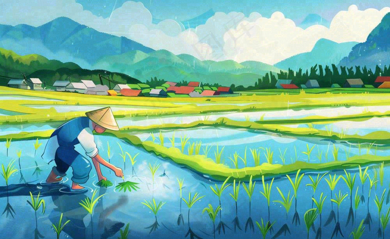 水彩手绘谷雨农夫插秧小满芒种蓝色清新背景插画(1408x864)
