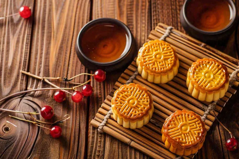 中国传统糕点月饼竹制托盘上的茶杯中秋节摄影图(1344x896)