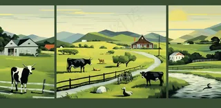 卡通农场畜牧农庄广袤无垠蓝天白云插画背景