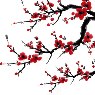 梅花红色冬天国画水彩画免抠