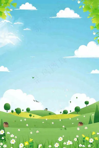 春天绿草地蓝天白云立春春分惊蛰小满卡通插画背景