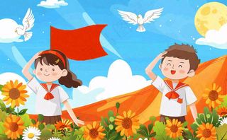 红色国庆节少先队员旗帜向日葵插画十一国庆节插画背景