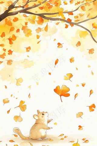 秋天银杏树下的松树秋意金黄色立秋秋分白露唯美插画背景