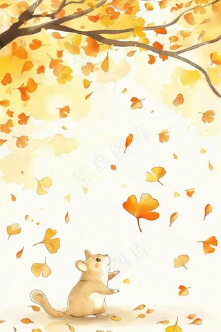 秋天银杏树下的松树秋意金黄色立秋秋分白露唯美插画背景