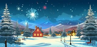 冬季雪天圣诞小镇装饰夜晚节日氛围卡通插画背景