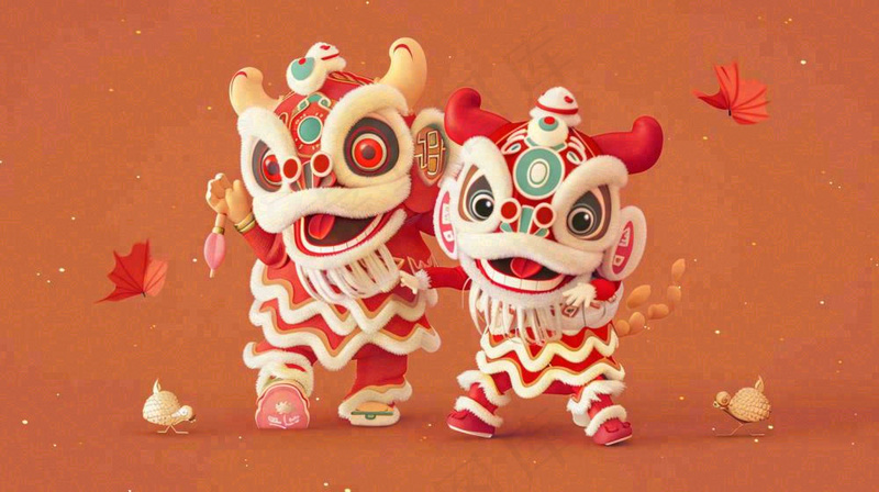 中国式舞狮舞龙卡通插画新年春节节日庆祝红色背景(1456x816)