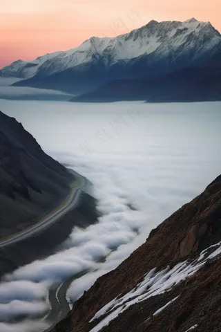 高原雪山山顶云层缭绕摄影图