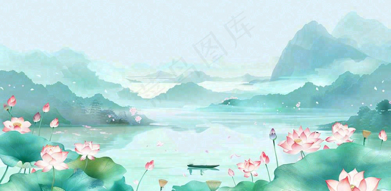 夏天山水荷花莲花清凉淡雅绿色中国风插画夏至大暑小暑背景(1568x768)