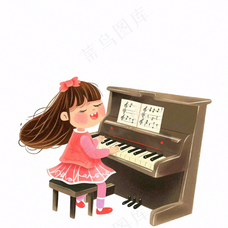 弹钢琴的女孩演奏乐器音乐人物卡通插画免抠(1024x1024)