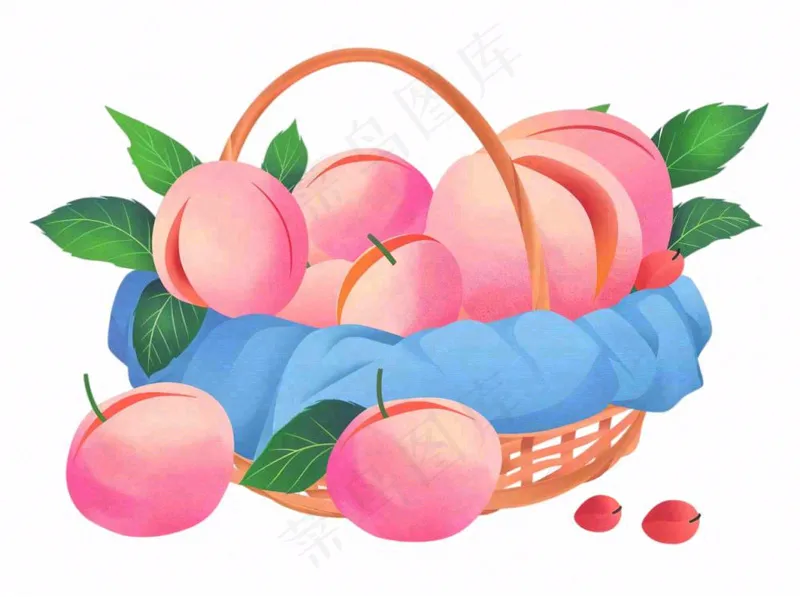 水蜜桃一篮桃子主编蓝水果卡通插画免抠(1264x944)