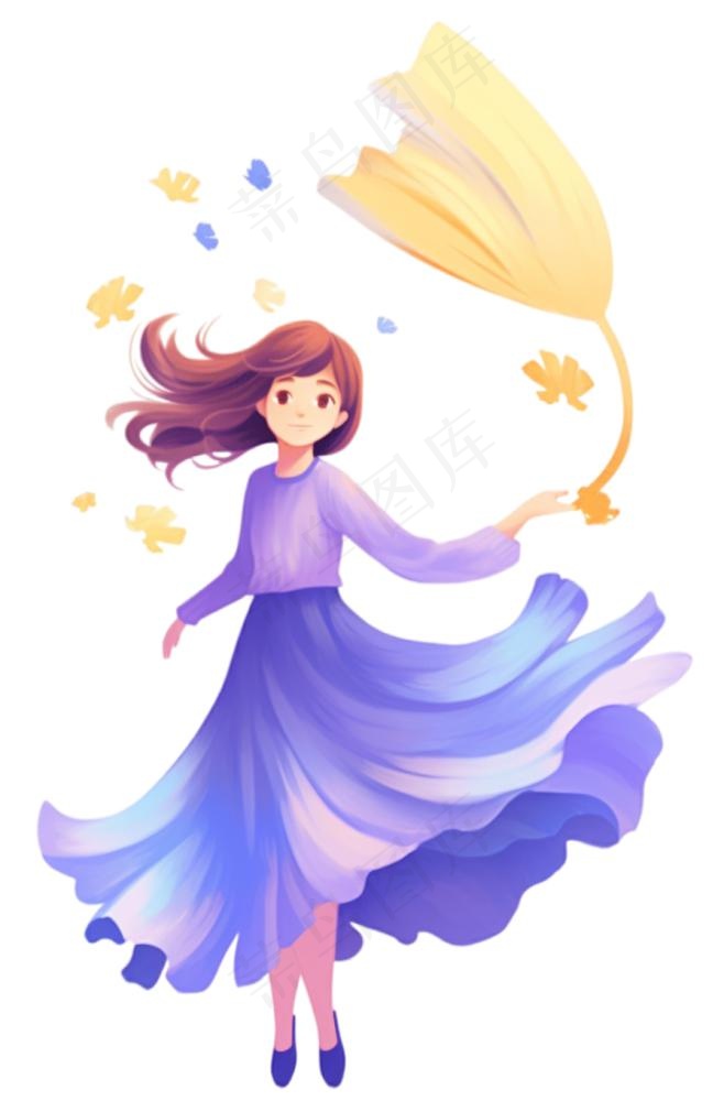 女孩少女拿着黄叶起舞美丽的裙摆卡通插画免抠(896x1360)