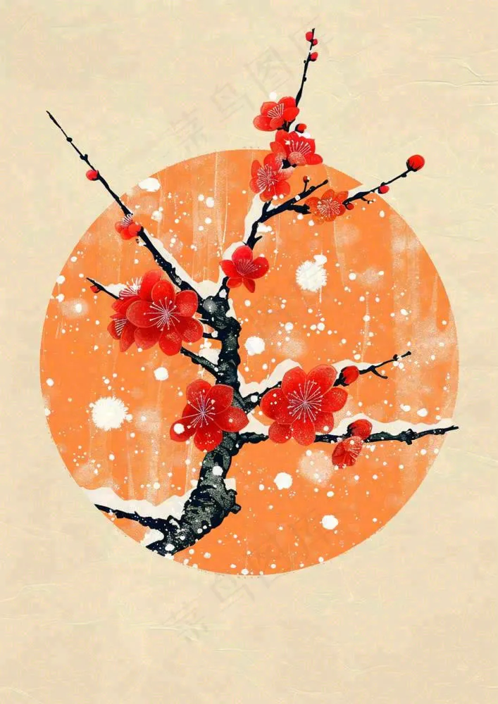 冬天梅花红圆形背景纸张纹理古风国风节日小年插画背景(928x1312)