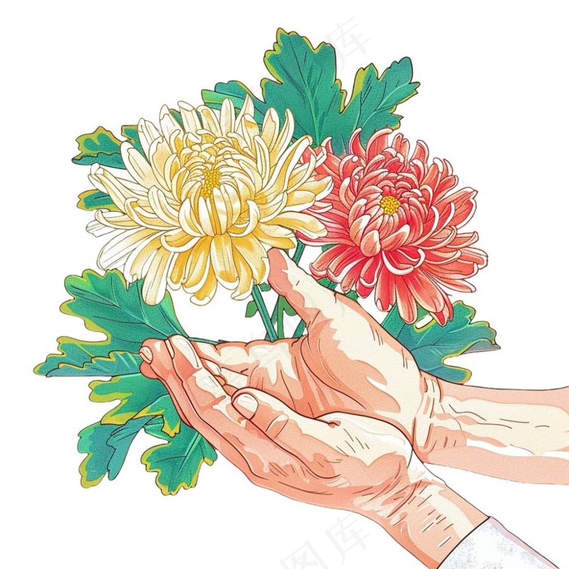 手捧菊花清明节卡通插画免抠(1024x1024)