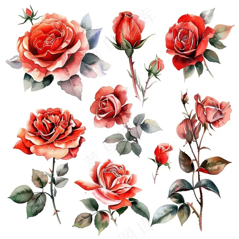 玫瑰花植物花朵水彩插画免抠(1024x1024)