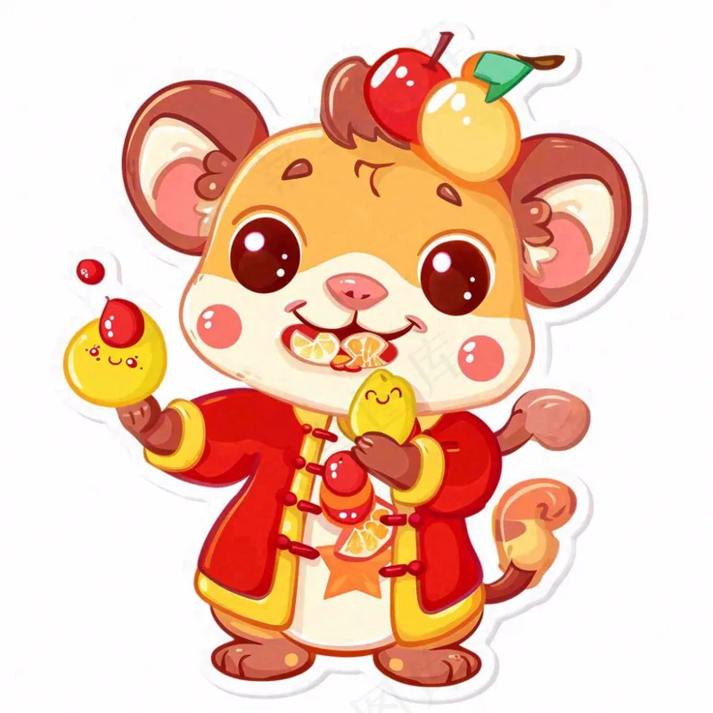 新年吉祥物卡通动物喜庆插画免抠(1024x1024)