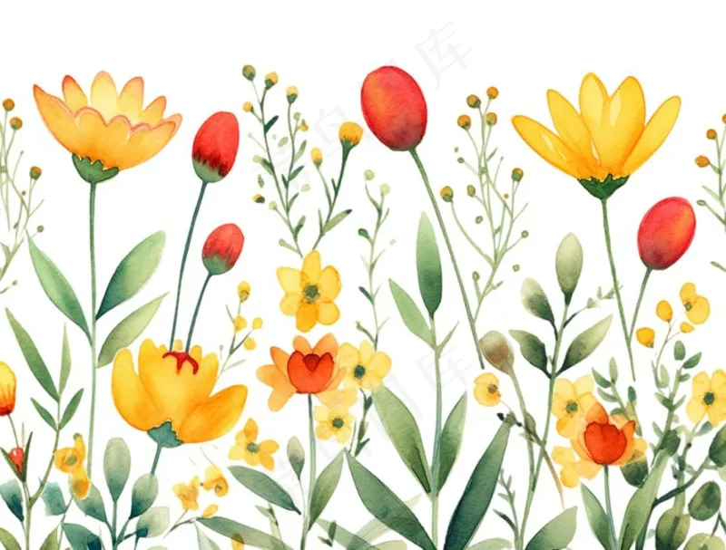 春季春天花草植物水彩鲜花花卉枝叶插画免抠(1264x960)