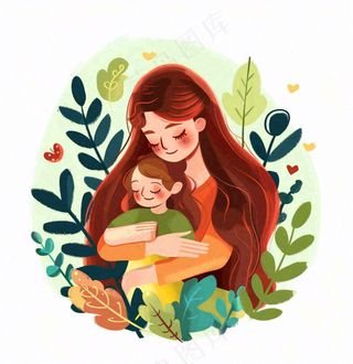 妈妈抱着孩子母亲花草环抱亲情卡通插画免抠
