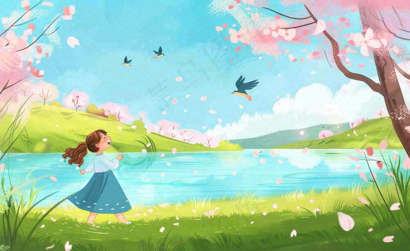 唯美治愈春天女孩踏青旅游立春春分惊蛰卡通插画背景(1408x864)