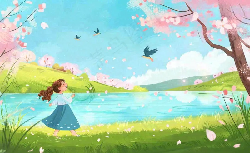 唯美治愈春天女孩踏青旅游立春春分惊蛰卡通插画背景(1408x864)
