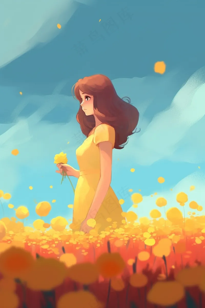 春天红色花海里的少女插画背景(2688x4032)