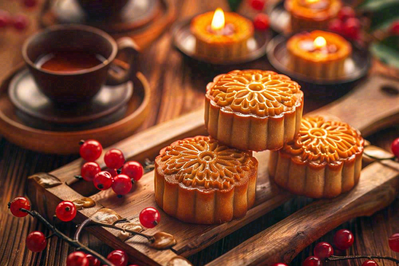 中国传统糕点月饼竹制托盘上的茶杯中秋节摄影图