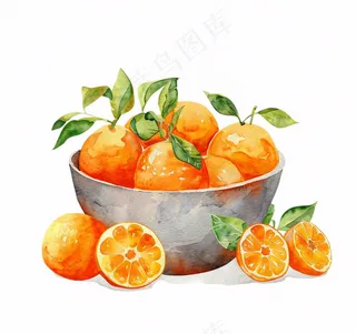 橘子一碗橙子水果水彩画免抠