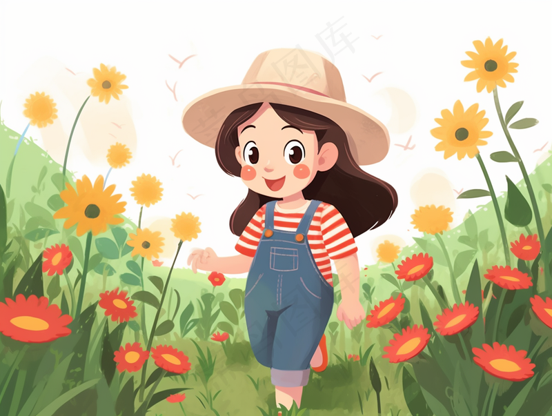 小女孩走在花丛中美丽的花朵花匠卡通插画背景(3696x2784)