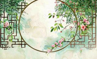 古风工笔画插画海棠樱花花鸟植物立春春天山水风景水彩背景