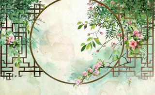 古风工笔画插画海棠樱花花鸟植物立春春天山水风景水彩背景