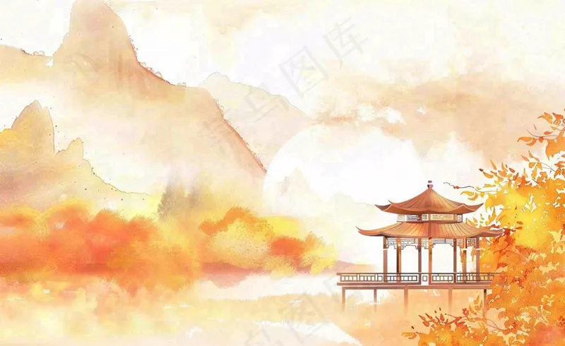 唯美古风建筑枫叶亭子秋天植物山水风景立秋处暑秋分中国风水彩手绘背景(1408x864)