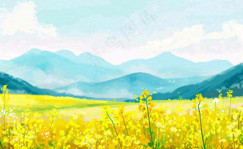 春天油菜花花田山峦蓝天白云惊蛰春分卡通插画背景(1408x864)