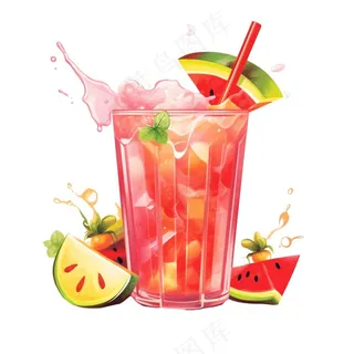 西瓜汁冰镇饮料水果茶卡通插画插图免抠