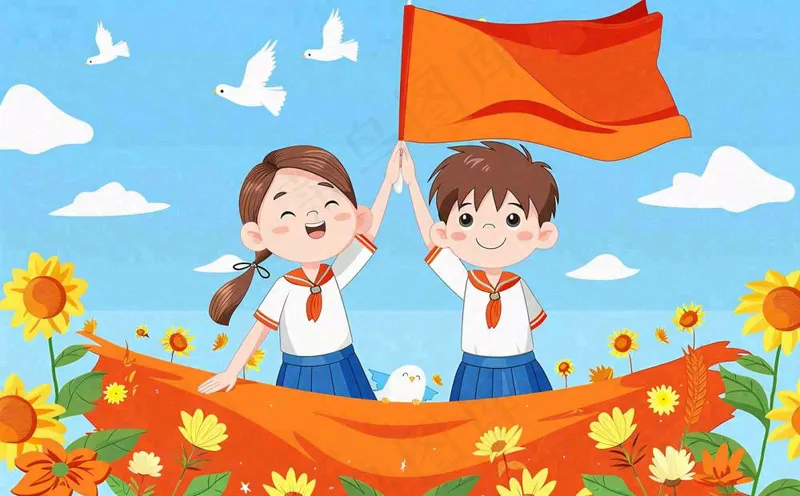 红色国庆节少先队员旗帜向日葵插画十一国庆节插画背景(1392x864)