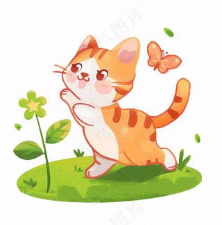 可爱的猫咪宠物草丛扑蝴蝶卡通插画免抠