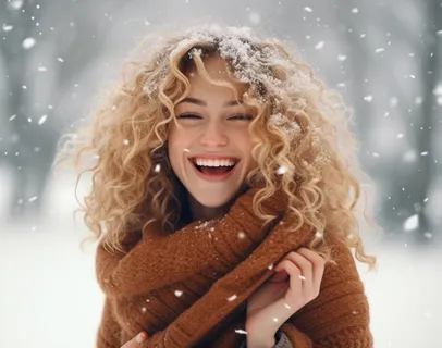 下雪天雪地里赏雪的女孩开环大笑摄影图