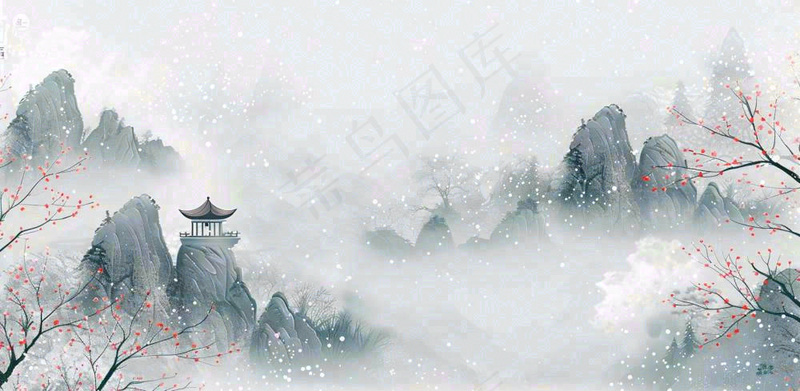 大寒冬天中国风水墨插画小寒冬季唯美雪景梅花插画背景(1568x768)