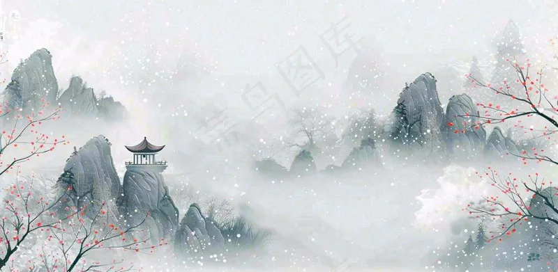 大寒冬天中国风水墨插画小寒冬季唯美雪景梅花插画背景(1568x768)