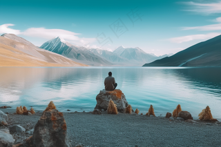 雪山下的湖泊大自然风光摄影图