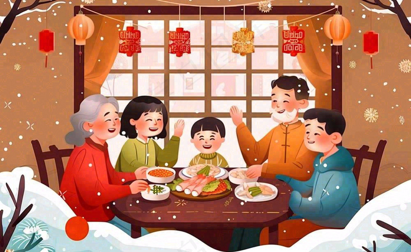 新年春节除夕夜一家人团圆饭节日团聚温馨温暖卡通插画背景