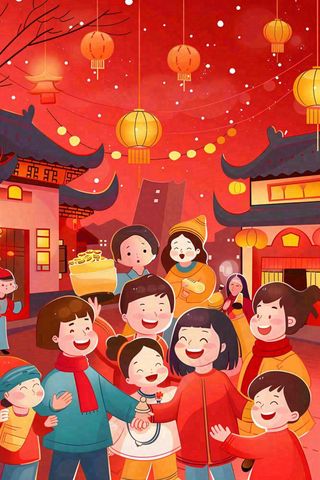 新年除夕热闹的街区烟花庆祝人物插画背景