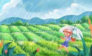 卡通女孩人物打雨伞春游踏青节气雨水谷雨春天春分绿色卡通插画背景