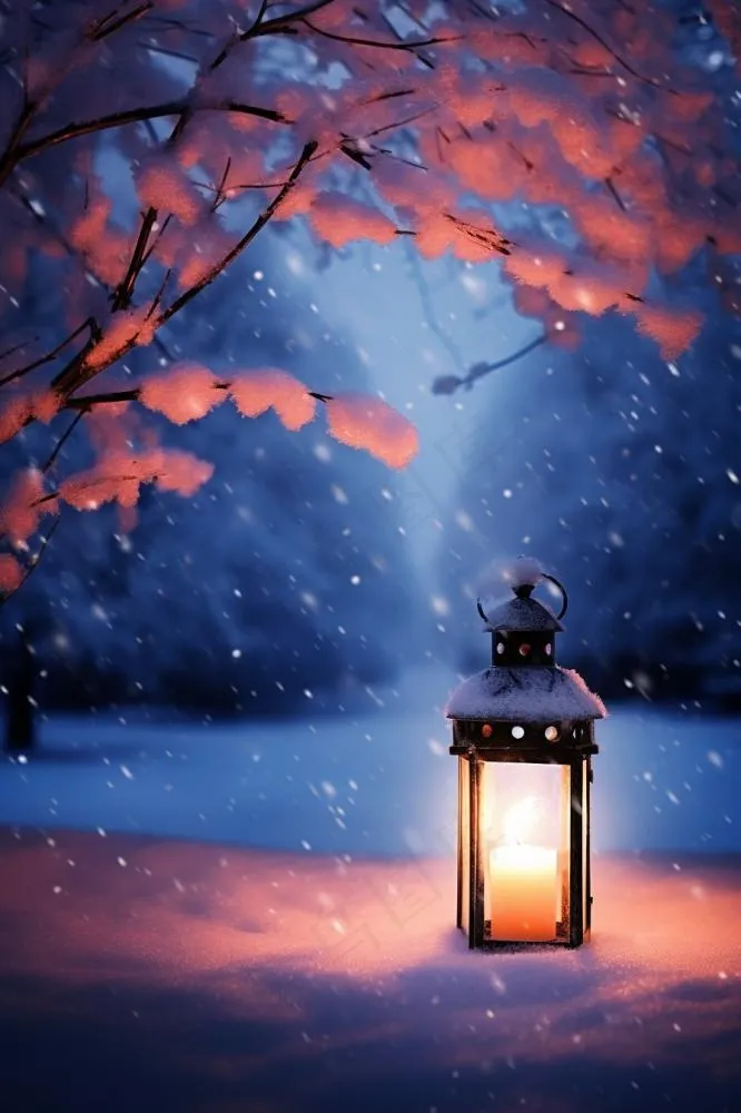 夜晚雪景唯美浪漫灯背景(896x1344)