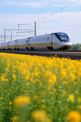 高铁春季油菜花行驶的列车摄影图