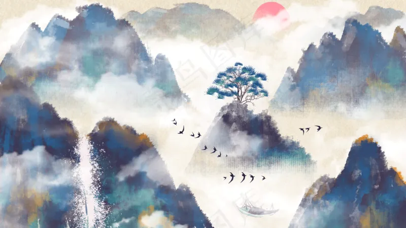 中国风山水彩色国画插画装饰画素材28psd模版下载
