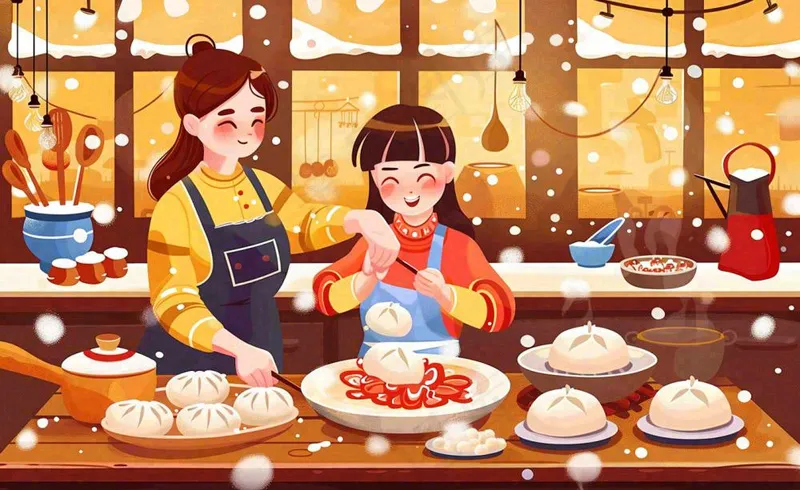 全家*色卡通手绘春节除夕初一全家人包饺子包子年夜饭冬至温馨插画背景(1408x864)
