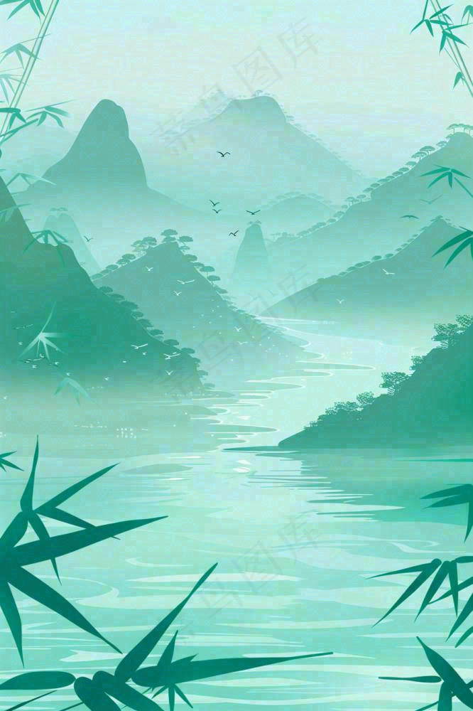 水墨画山水竹林绿色清明端午插画背景(896x1344)