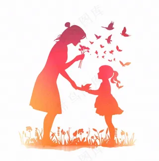 母亲节送花女儿给妈妈剪影亲情人物插画免抠