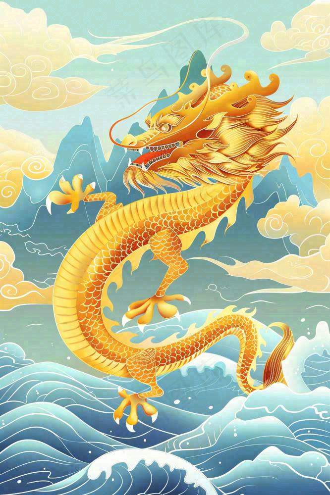 国潮风龙山水祥云龙抬头插画背景(896x1344)