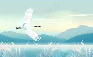 白鹭齐飞天水一色山水画芦苇荡清冷白露寒露插画背景