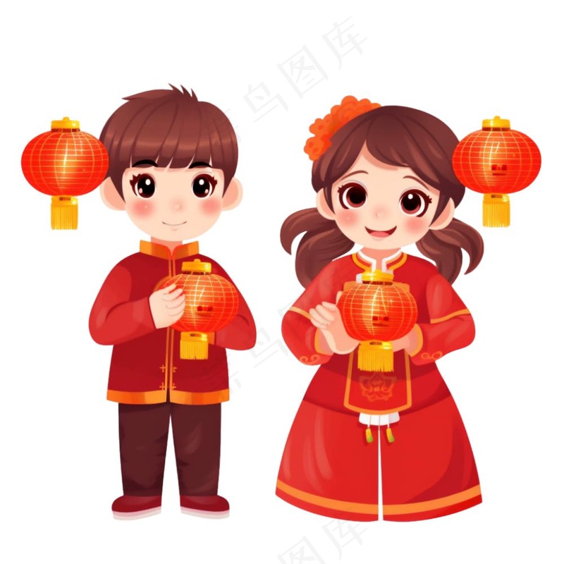 新年儿童拜年张灯结彩国潮春节红色手绘卡通插画免抠(1024x1024)